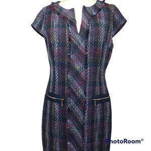 Karl Lagerfeld Paris Blue/Purple Plaid Tweed Cap Sleeve Split Neck Sheath Dress
